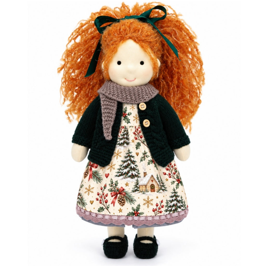BlissfulPixie 12-Inch Handmade Waldorf Christmas Doll with Orange Curly Hair, Green Knitted Cardigan, Cozy Scarf & Festive Holiday Dress – Christmas Gift for Kids