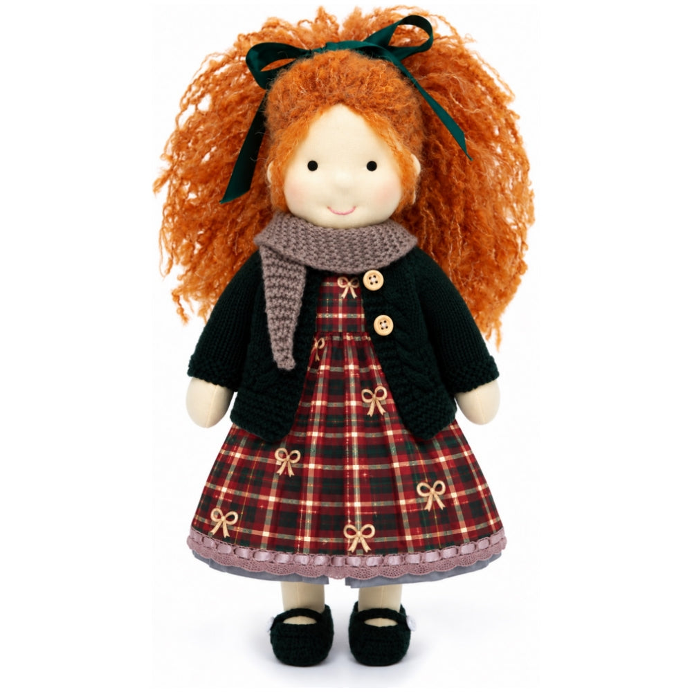 BlissfulPixie 12-Inch Handmade Waldorf Christmas Doll with Orange Curly Hair, Green Knitted Cardigan, Red Plaid Holiday Dress & Cozy Scarf – Christmas Gift for Kids