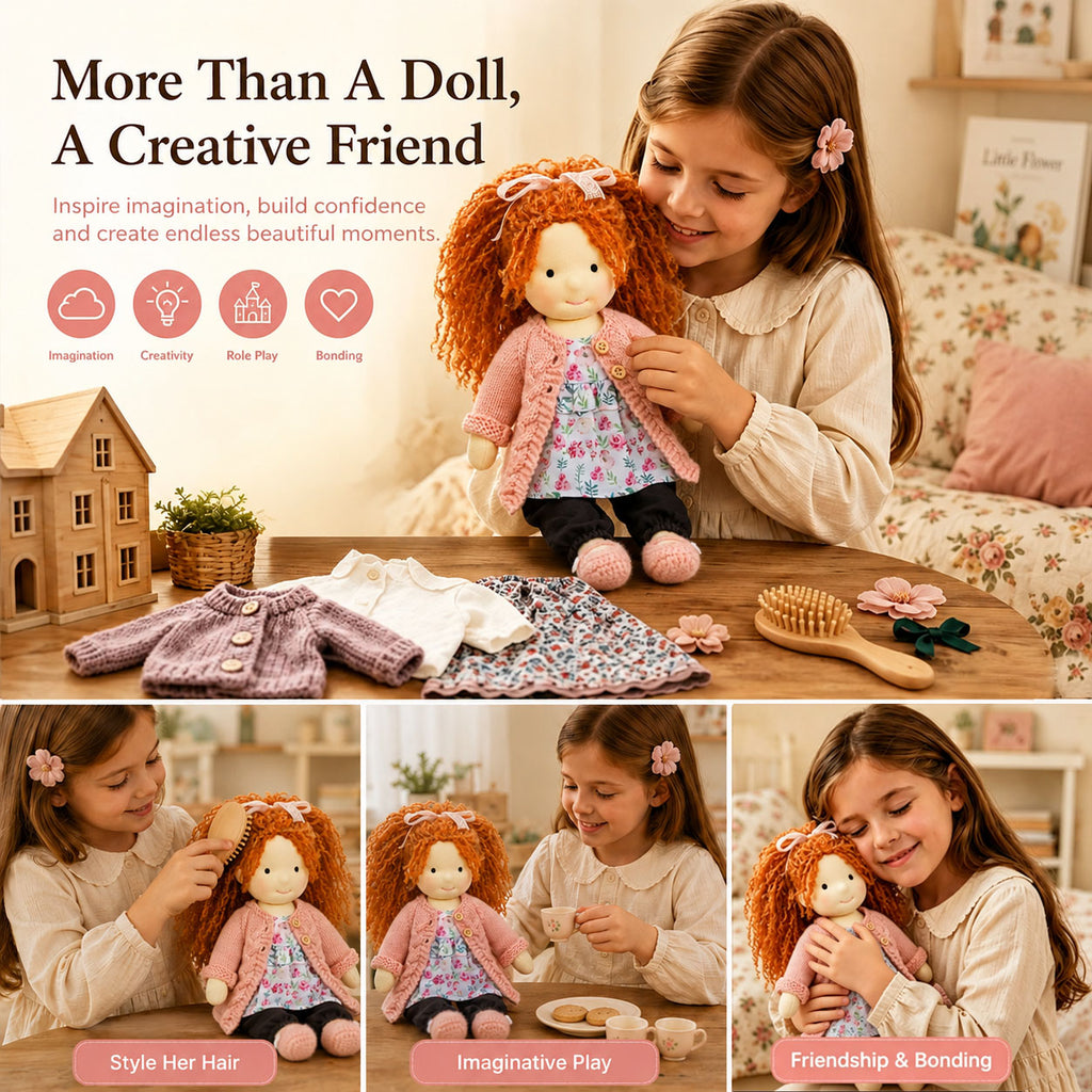 BlissfulPixie 12" Waldorf Doll Elsee, Handmade Soft Rag Doll for Girls with DIY Hair Styling Kit, 4 Color Hair Set, Teddy Bear, Makeup Tools & Gift Box Set, Creative Birthday Christmas Gift-BlissfulPixie