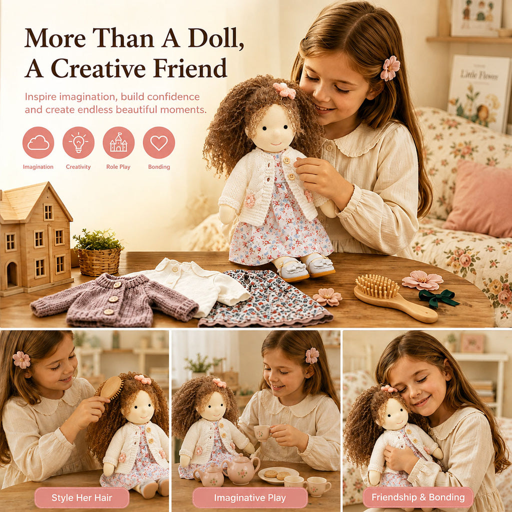 BlissfulPixie 12" Waldorf Doll Amber, Handmade Soft Rag Doll for Girls with DIY Hair Styling Kit, 4 Color Hair Set, Teddy Bear, Makeup Tools & Gift Box Set, Creative Birthday Christmas Gift-BlissfulPixie