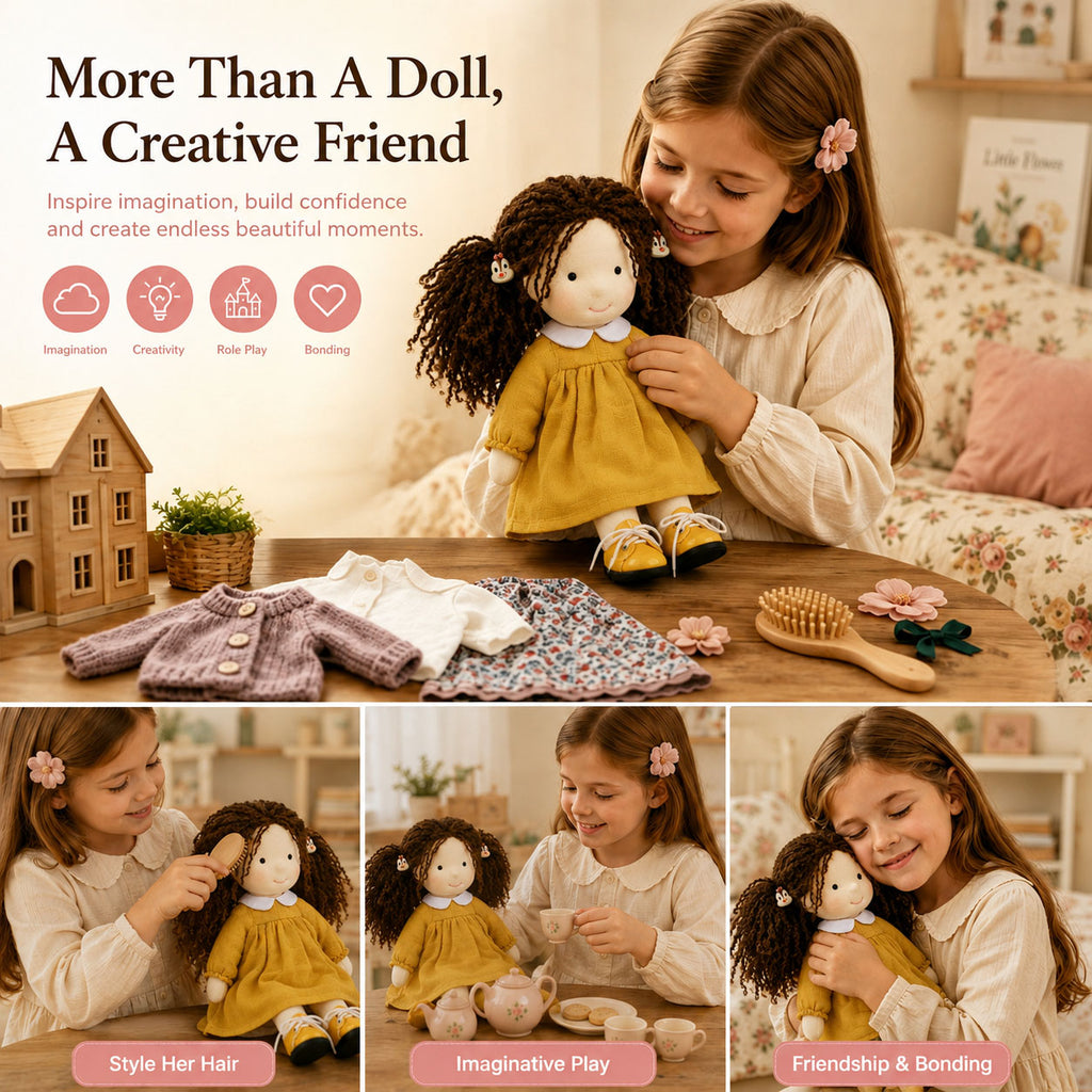 [Halloween Limited Edition ]BlissfulPixie 12" Waldorf Doll Inka , Handmade Soft Rag Doll for Girls with DIY Hair Styling Kit, 4 Color Hair Set, Teddy Bear, Makeup Tools & Gift Box Set, Creative Birthday Christmas Gift-BlissfulPixie