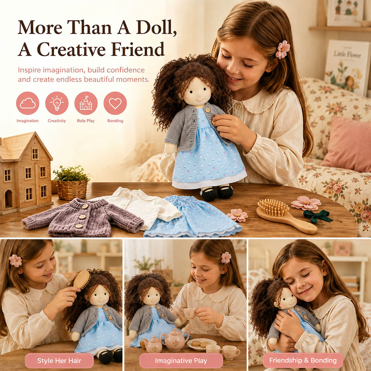 BlissfulPixie 12" Waldorf Doll Louise, Handmade Soft Rag Doll for Girls with DIY Hair Styling Kit, 4 Color Hair Set, Teddy Bear, Makeup Tools & Gift Box Set, Creative Birthday Christmas Gift-BlissfulPixie