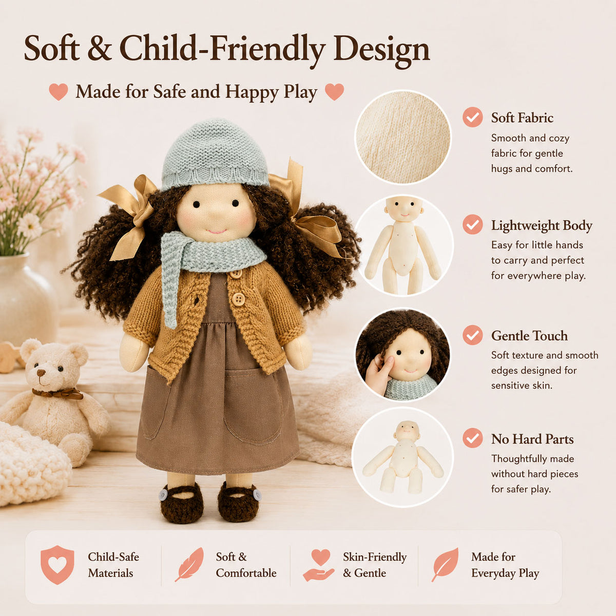 BlissfulPixie 12" Waldorf Doll Zoey, Handmade Soft Rag Doll for Girls with DIY Hair Styling Kit, 4 Color Hair Set, Teddy Bear, Makeup Tools & Gift Box Set, Creative Birthday Christmas Gift-BlissfulPixie
