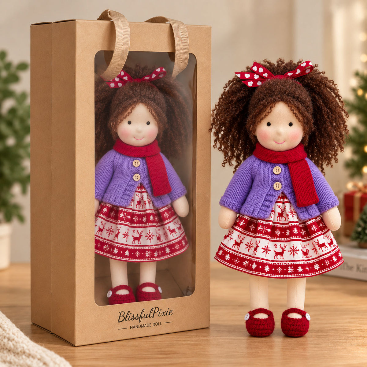 Eleanor - Cute Handmade Doll for Girls, Christmas Rag Doll with Colorful Holiday Dress, Soft Fabric Doll with Gift Box Packaging, Adorable Keepsake Toy for Kids, Birthday and Holiday Gifts