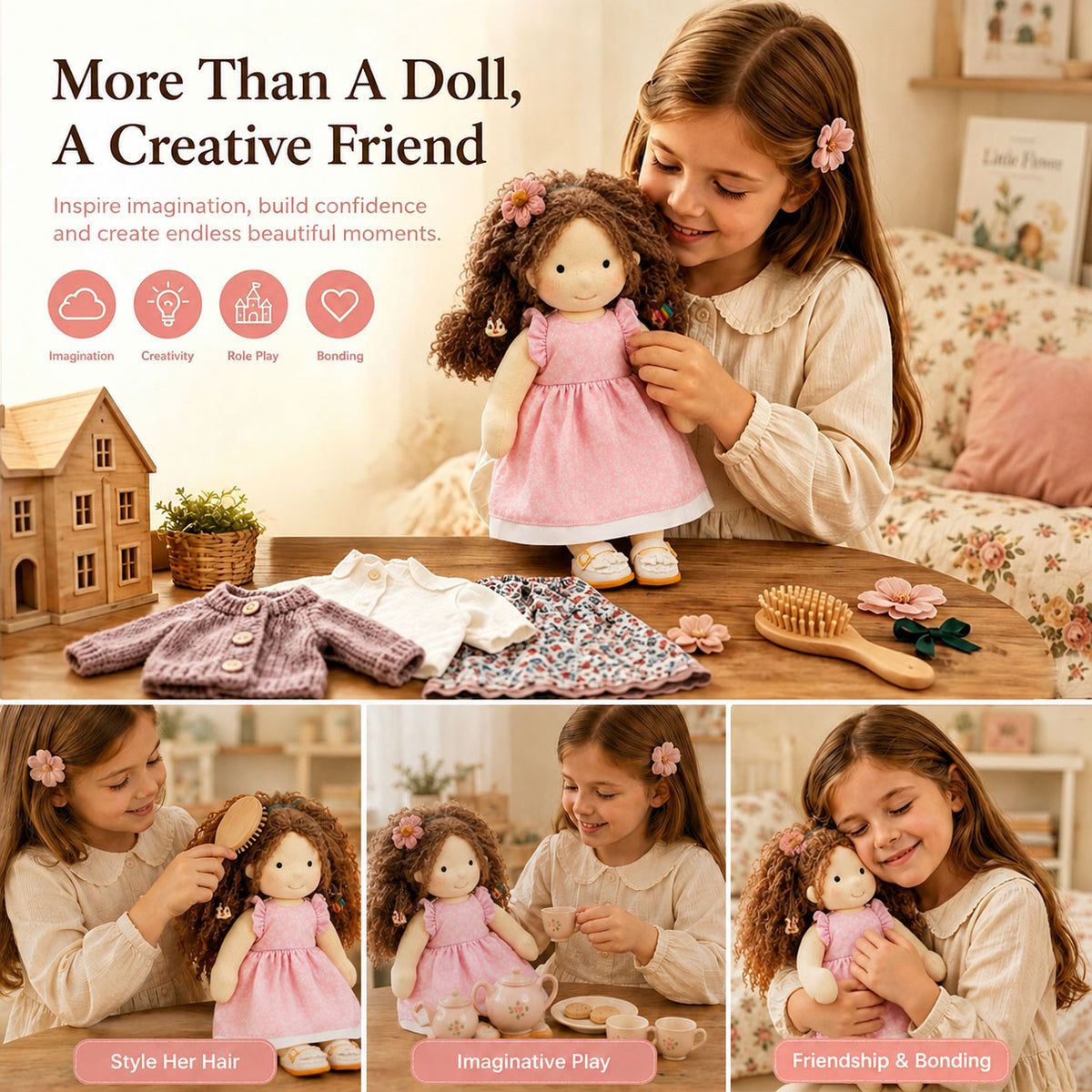 [Halloween Limited Edition ] BlissfulPixie 12" Waldorf Doll Amy, Handmade Soft Rag Doll for Girls with DIY Hair Styling Kit, 4 Color Hair Set, Teddy Bear, Makeup Tools & Gift Box Set, Creative Birthday Christmas Gift-BlissfulPixie