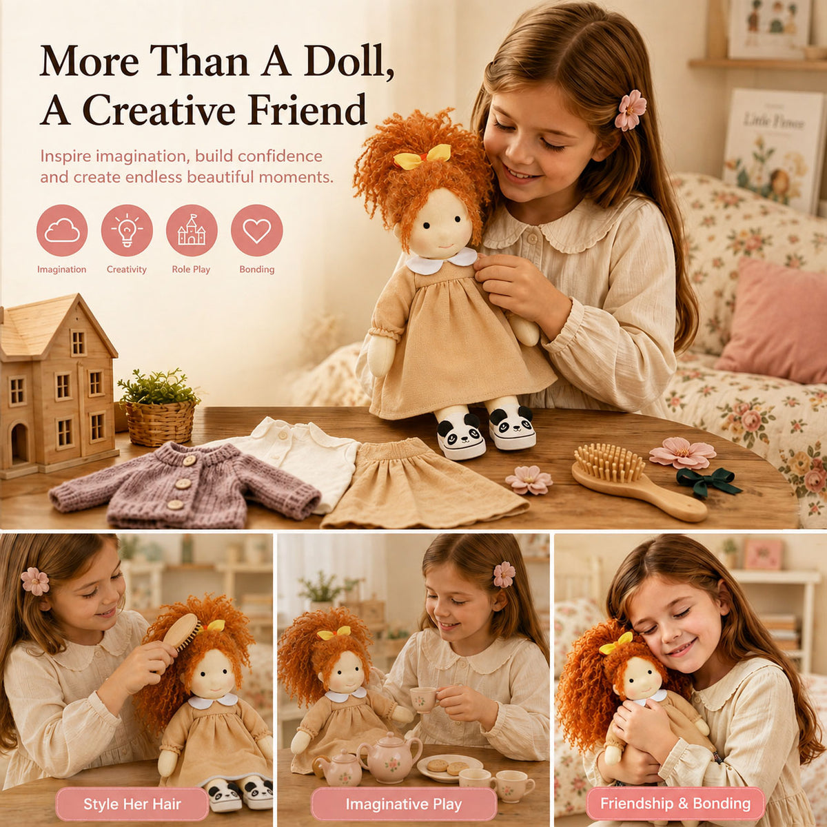 [Halloween Limited Edition ]BlissfulPixie 12" Waldorf Doll Ada, Handmade Soft Rag Doll for Girls with DIY Hair Styling Kit, 4 Color Hair Set, Teddy Bear, Makeup Tools & Gift Box Set, Creative Birthday Christmas Gift-BlissfulPixie