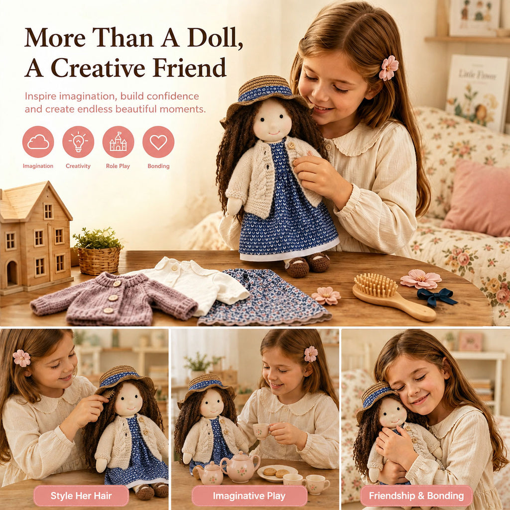 BlissfulPixie 12" Waldorf Doll Basia, Handmade Soft Rag Doll for Girls with DIY Hair Styling Kit, 4 Color Hair Set, Teddy Bear, Makeup Tools & Gift Box Set, Creative Birthday Christmas Gift-BlissfulPixie