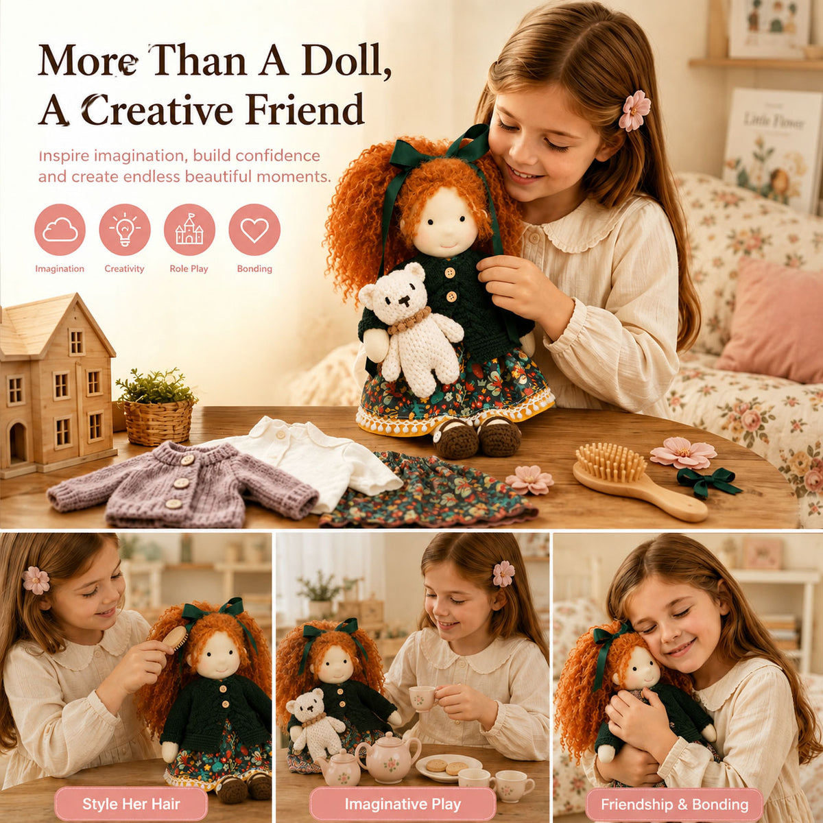 BlissfulPixie 12" Waldorf Doll Hanne, Handmade Soft Rag Doll for Girls with DIY Hair Styling Kit, 4 Color Hair Set, Teddy Bear, Makeup Tools & Gift Box Set, Creative Birthday Christmas Gift-BlissfulPixie