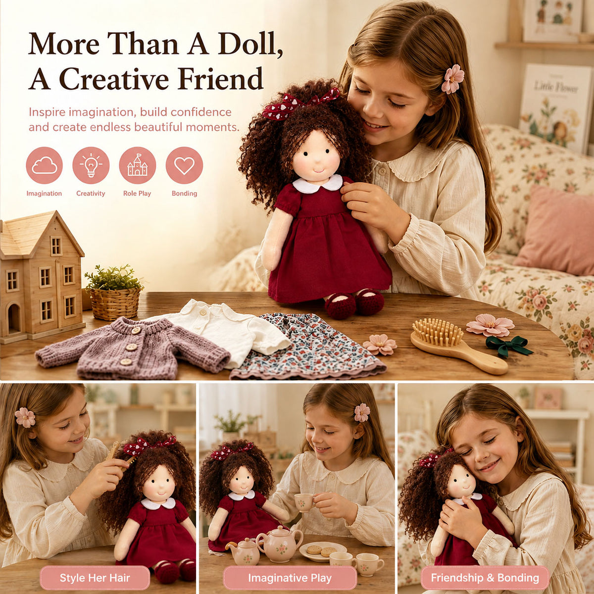 BlissfulPixie 12" Waldorf Doll Eleanor, Handmade Soft Rag Doll for Girls with DIY Hair Styling Kit, 4 Color Hair Set, Teddy Bear, Makeup Tools & Gift Box Set, Creative Birthday Christmas Gift-BlissfulPixie