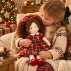 BlissfulPixie 12-Inch Waldorf Doll, Red and Green Plaid Christmas Dress, Curly Brown Hair with Red Heart Bow, Red Knit Mary Jane Shoes, Cute Holiday Gift for Kids