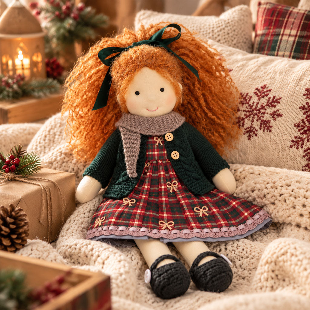 BlissfulPixie 12-Inch Waldorf Doll, Red Plaid Christmas Dress with Dark Green Knit Cardigan, Auburn Curly Hair & Matching Bow, Cute Holiday Gift for Kids