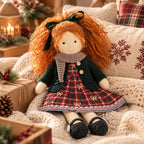 BlissfulPixie 12-Inch Waldorf Doll, Red Plaid Christmas Dress with Dark Green Knit Cardigan, Auburn Curly Hair & Matching Bow, Cute Holiday Gift for Kids
