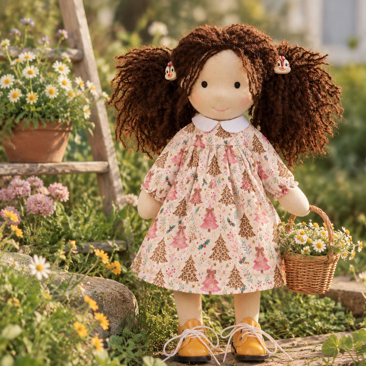 BlissfulPixie 12 Inch Waldorf Doll, Soft Fabric Girl Doll with Curly Brown Hair, Christmas Tree Print Dress and Lace-Up Shoes, Holiday Gift for Kids