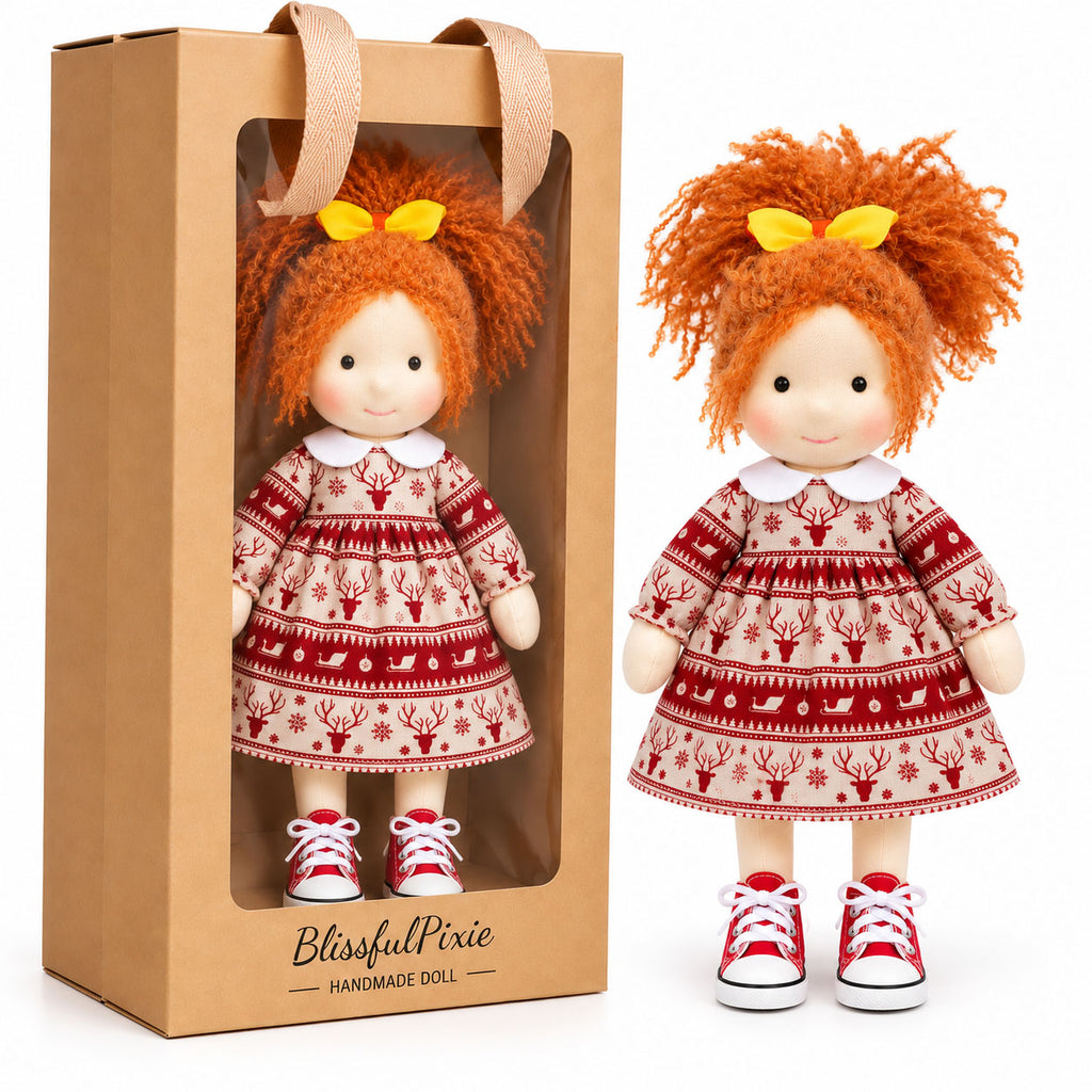 Ada Handmade Doll for Girls, Christmas Doll with Festive Holiday Outfit, Soft Cloth Doll with Gift Box, Cute Collectible Toy for Kids, Perfect Birthday, Christmas and Special Occasion Gift