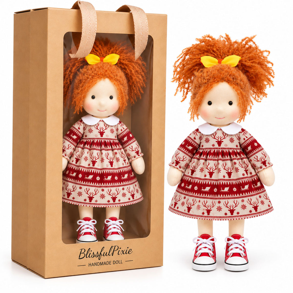Ada Handmade Doll for Girls, Christmas Doll with Festive Holiday Outfit, Soft Cloth Doll with Gift Box, Cute Collectible Toy for Kids, Perfect Birthday, Christmas and Special Occasion Gift