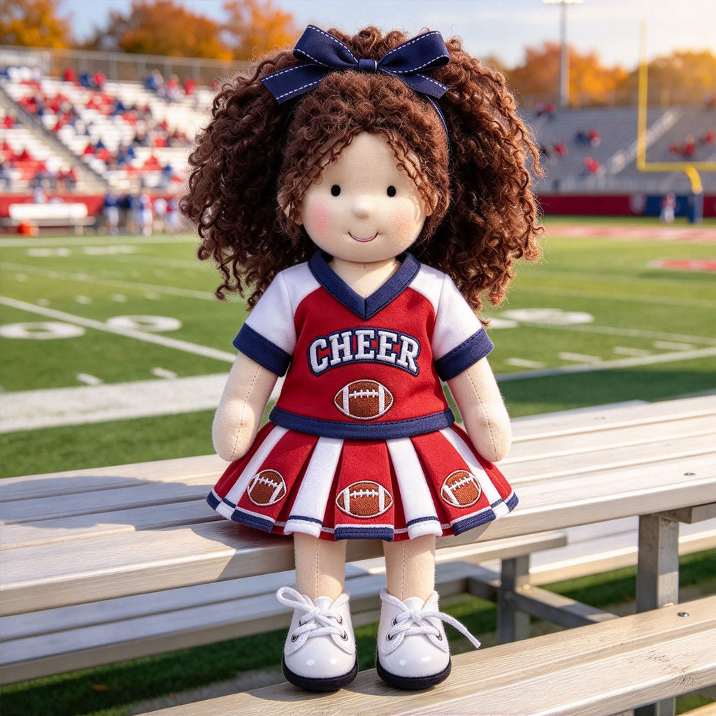 Blissfulpixie 12-Inch Handmade Waldorf Doll – Cheerleader Doll with Curly Brown Hair, Red & White Football Outfit, Bow Headband & Sneakers