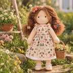 BlissfulPixie 12 Inch Waldorf Style Doll, Soft Fabric Girl Doll with Curly Brown Hair, Christmas Print Dress, Flower Hair Clip and White Bow Shoes, Holiday Gift for Kids