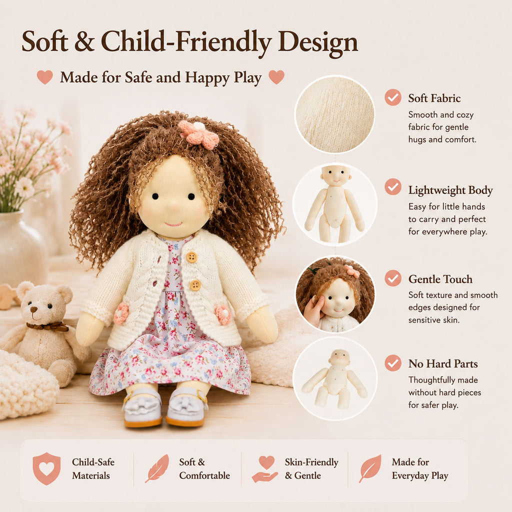 BlissfulPixie 12" Waldorf Doll Amber, Handmade Soft Rag Doll for Girls with DIY Hair Styling Kit, 4 Color Hair Set, Teddy Bear, Makeup Tools & Gift Box Set, Creative Birthday Christmas Gift-BlissfulPixie