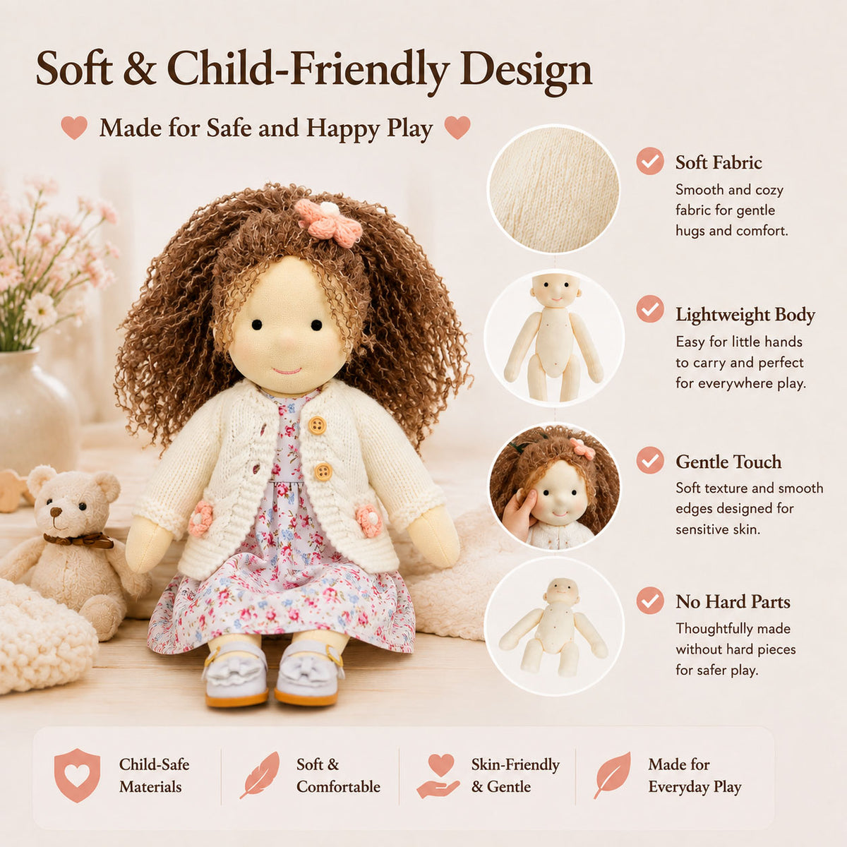 BlissfulPixie 12" Waldorf Doll Amber, Handmade Soft Rag Doll for Girls with DIY Hair Styling Kit, 4 Color Hair Set, Teddy Bear, Makeup Tools & Gift Box Set, Creative Birthday Christmas Gift-BlissfulPixie
