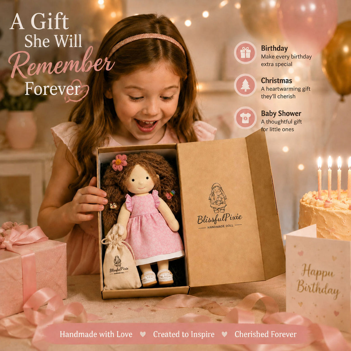 [Halloween Limited Edition ] BlissfulPixie 12" Waldorf Doll Amy, Handmade Soft Rag Doll for Girls with DIY Hair Styling Kit, 4 Color Hair Set, Teddy Bear, Makeup Tools & Gift Box Set, Creative Birthday Christmas Gift-BlissfulPixie