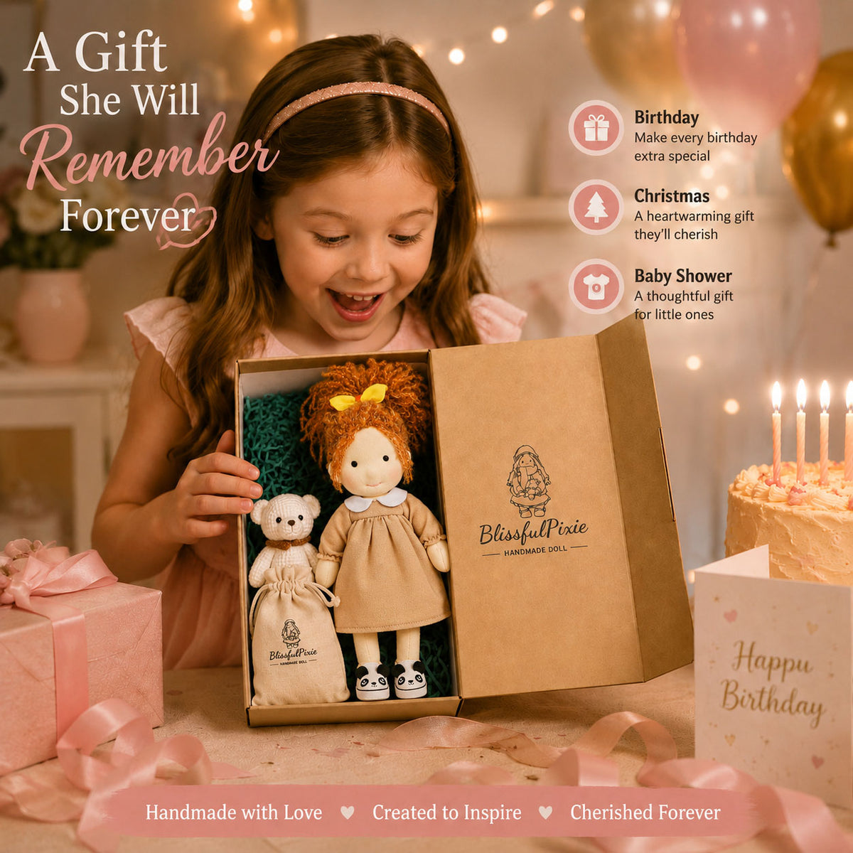 [Halloween Limited Edition ]BlissfulPixie 12" Waldorf Doll Ada, Handmade Soft Rag Doll for Girls with DIY Hair Styling Kit, 4 Color Hair Set, Teddy Bear, Makeup Tools & Gift Box Set, Creative Birthday Christmas Gift-BlissfulPixie