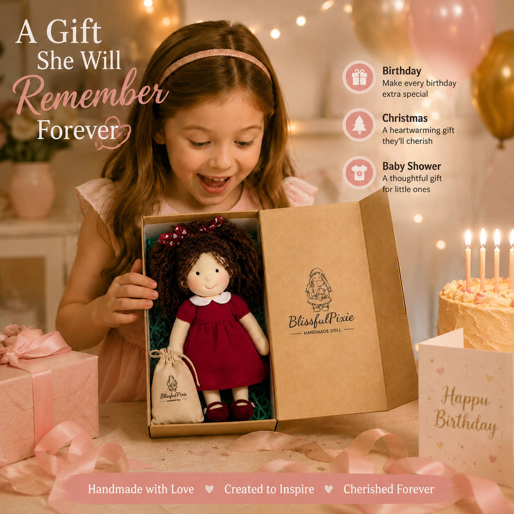 BlissfulPixie 12" Waldorf Doll Eleanor, Handmade Soft Rag Doll for Girls with DIY Hair Styling Kit, 4 Color Hair Set, Teddy Bear, Makeup Tools & Gift Box Set, Creative Birthday Christmas Gift-BlissfulPixie