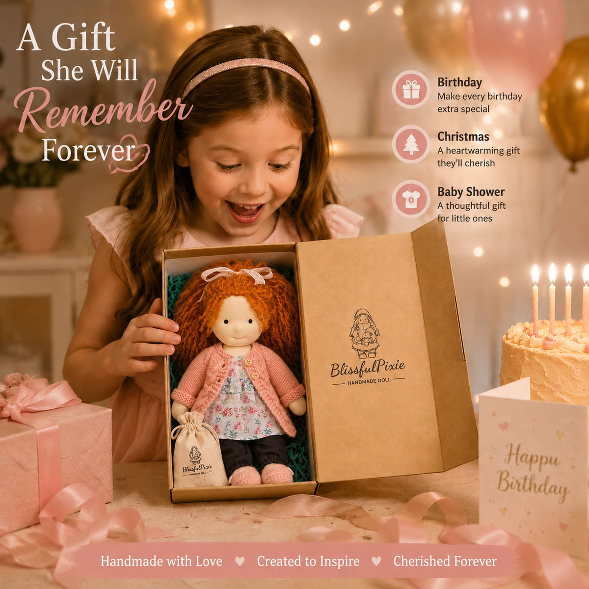 BlissfulPixie 12" Waldorf Doll Elsee, Handmade Soft Rag Doll for Girls with DIY Hair Styling Kit, 4 Color Hair Set, Teddy Bear, Makeup Tools & Gift Box Set, Creative Birthday Christmas Gift-BlissfulPixie