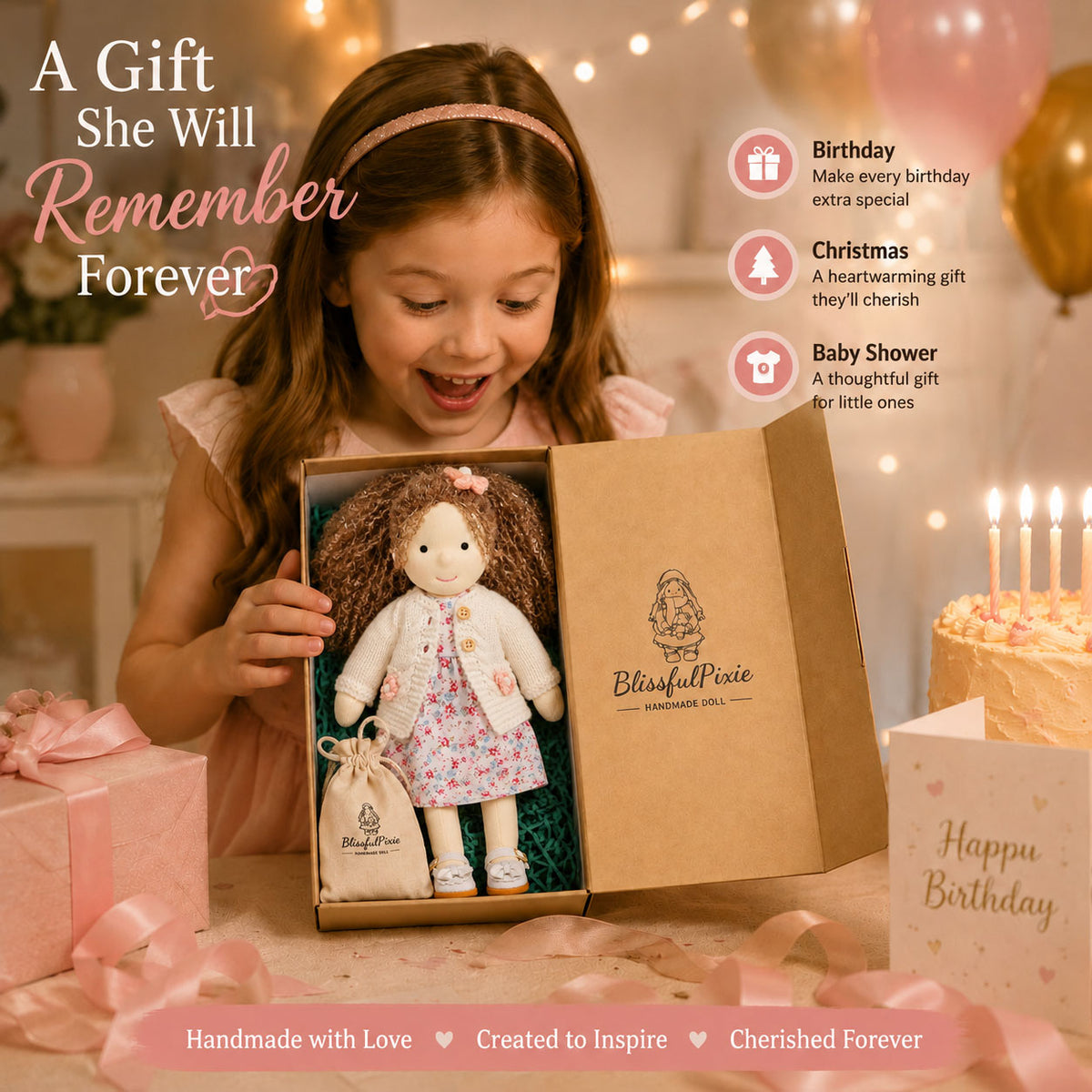 BlissfulPixie 12" Waldorf Doll Amber, Handmade Soft Rag Doll for Girls with DIY Hair Styling Kit, 4 Color Hair Set, Teddy Bear, Makeup Tools & Gift Box Set, Creative Birthday Christmas Gift-BlissfulPixie