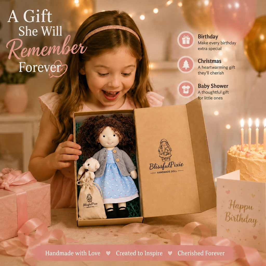BlissfulPixie 12" Waldorf Doll Louise, Handmade Soft Rag Doll for Girls with DIY Hair Styling Kit, 4 Color Hair Set, Teddy Bear, Makeup Tools & Gift Box Set, Creative Birthday Christmas Gift-BlissfulPixie