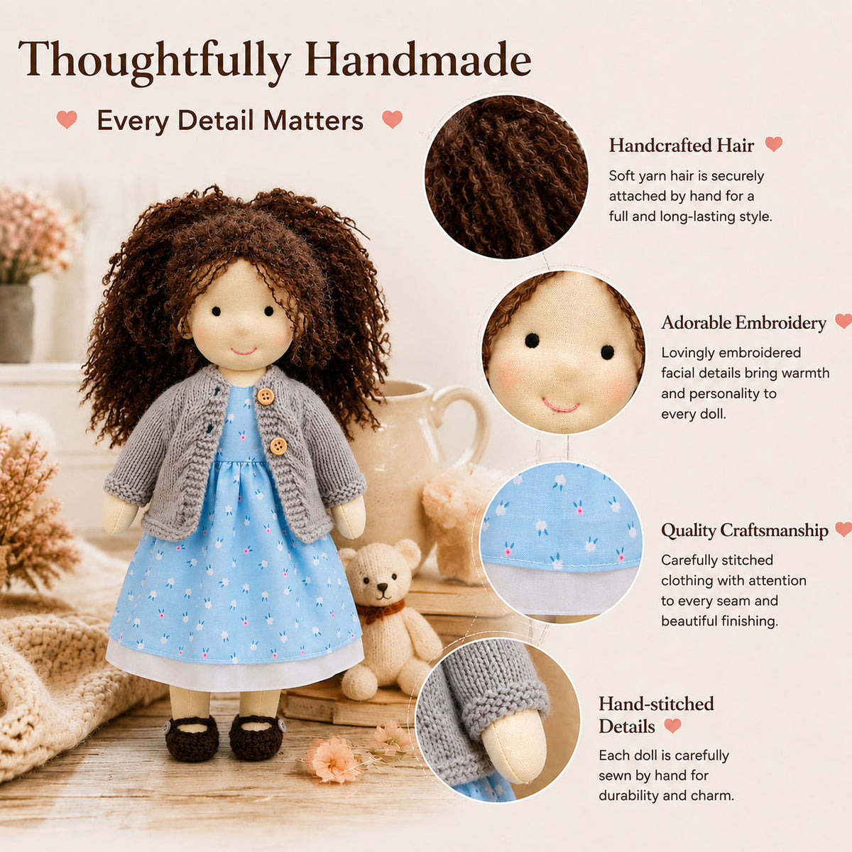 BlissfulPixie 12" Waldorf Doll Louise, Handmade Soft Rag Doll for Girls with DIY Hair Styling Kit, 4 Color Hair Set, Teddy Bear, Makeup Tools & Gift Box Set, Creative Birthday Christmas Gift-BlissfulPixie