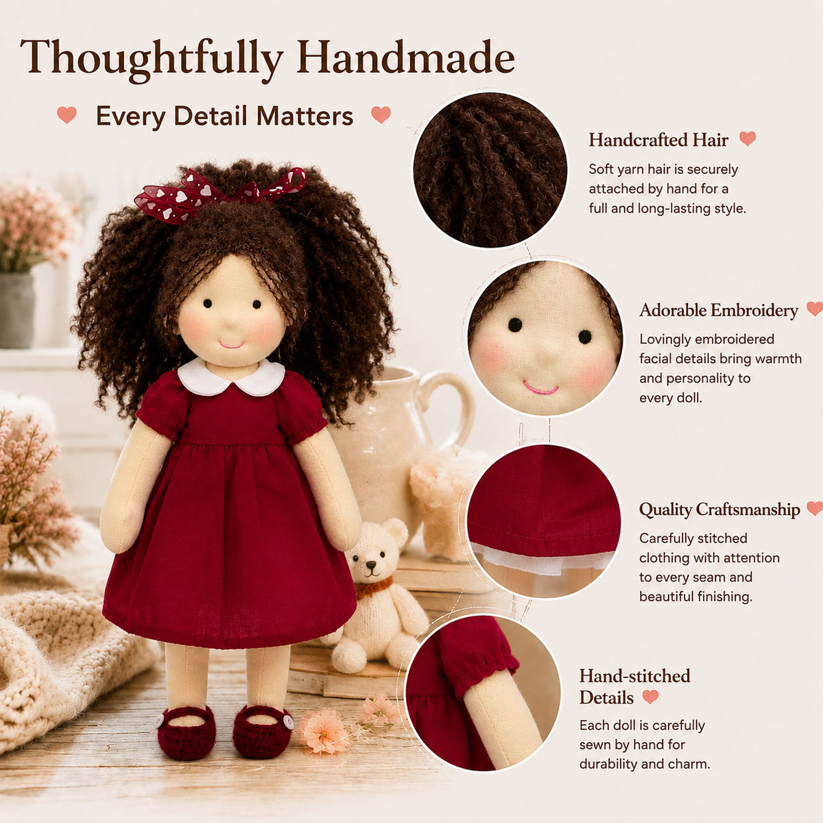 BlissfulPixie 12" Waldorf Doll Eleanor, Handmade Soft Rag Doll for Girls with DIY Hair Styling Kit, 4 Color Hair Set, Teddy Bear, Makeup Tools & Gift Box Set, Creative Birthday Christmas Gift-BlissfulPixie