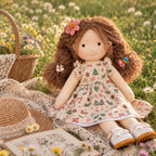 BlissfulPixie 12 Inch Waldorf Style Doll, Soft Fabric Girl Doll with Curly Brown Hair, Christmas Print Dress, Flower Hair Clip and White Bow Shoes, Holiday Gift for Kids