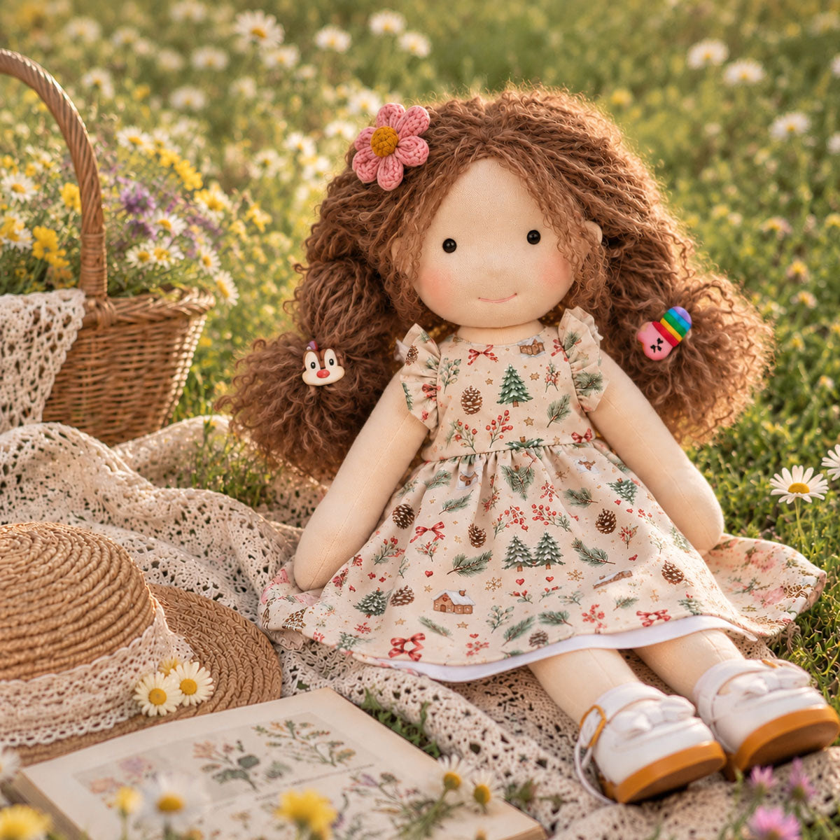 BlissfulPixie 12 Inch Waldorf Style Doll, Soft Fabric Girl Doll with Curly Brown Hair, Christmas Print Dress, Flower Hair Clip and White Bow Shoes, Holiday Gift for Kids