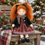 BlissfulPixie 12-Inch Waldorf Doll, Red Plaid Christmas Dress with Dark Green Knit Cardigan, Auburn Curly Hair & Matching Bow, Cute Holiday Gift for Kids