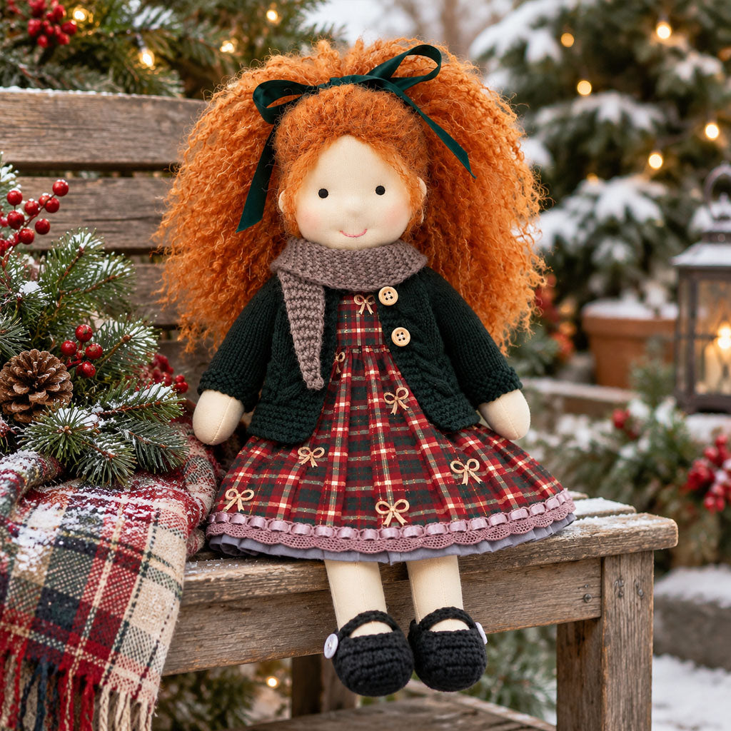 BlissfulPixie 12-Inch Waldorf Doll, Red Plaid Christmas Dress with Dark Green Knit Cardigan, Auburn Curly Hair & Matching Bow, Cute Holiday Gift for Kids