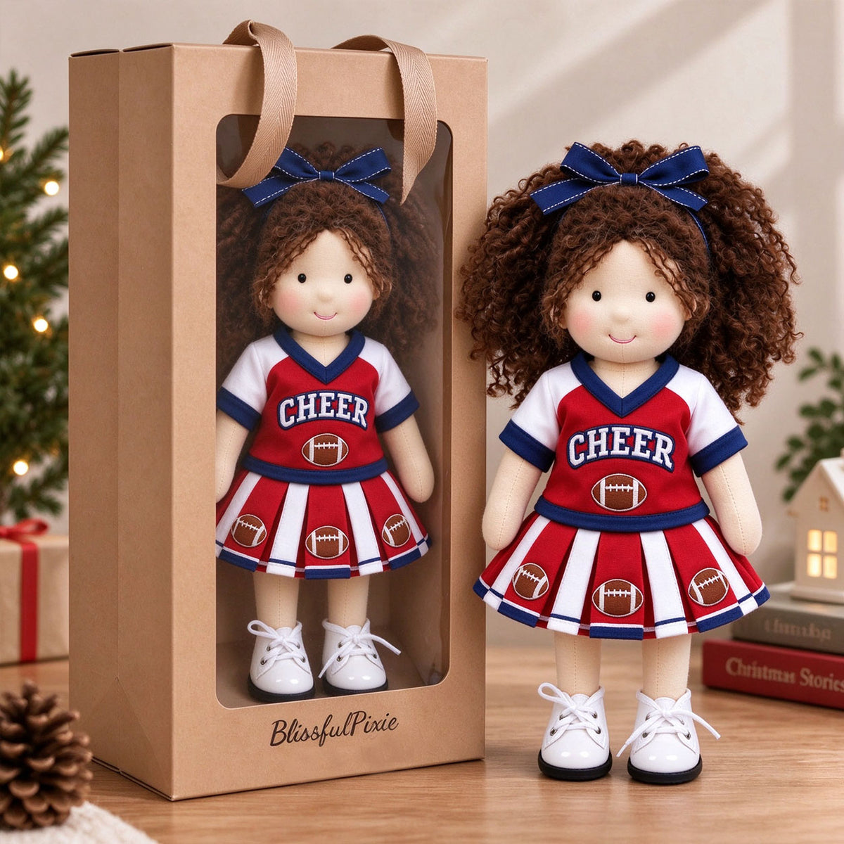 Blissfulpixie 12-Inch Handmade Waldorf Doll – Cheerleader Doll with Curly Brown Hair, Red & White Football Outfit, Bow Headband & Sneakers