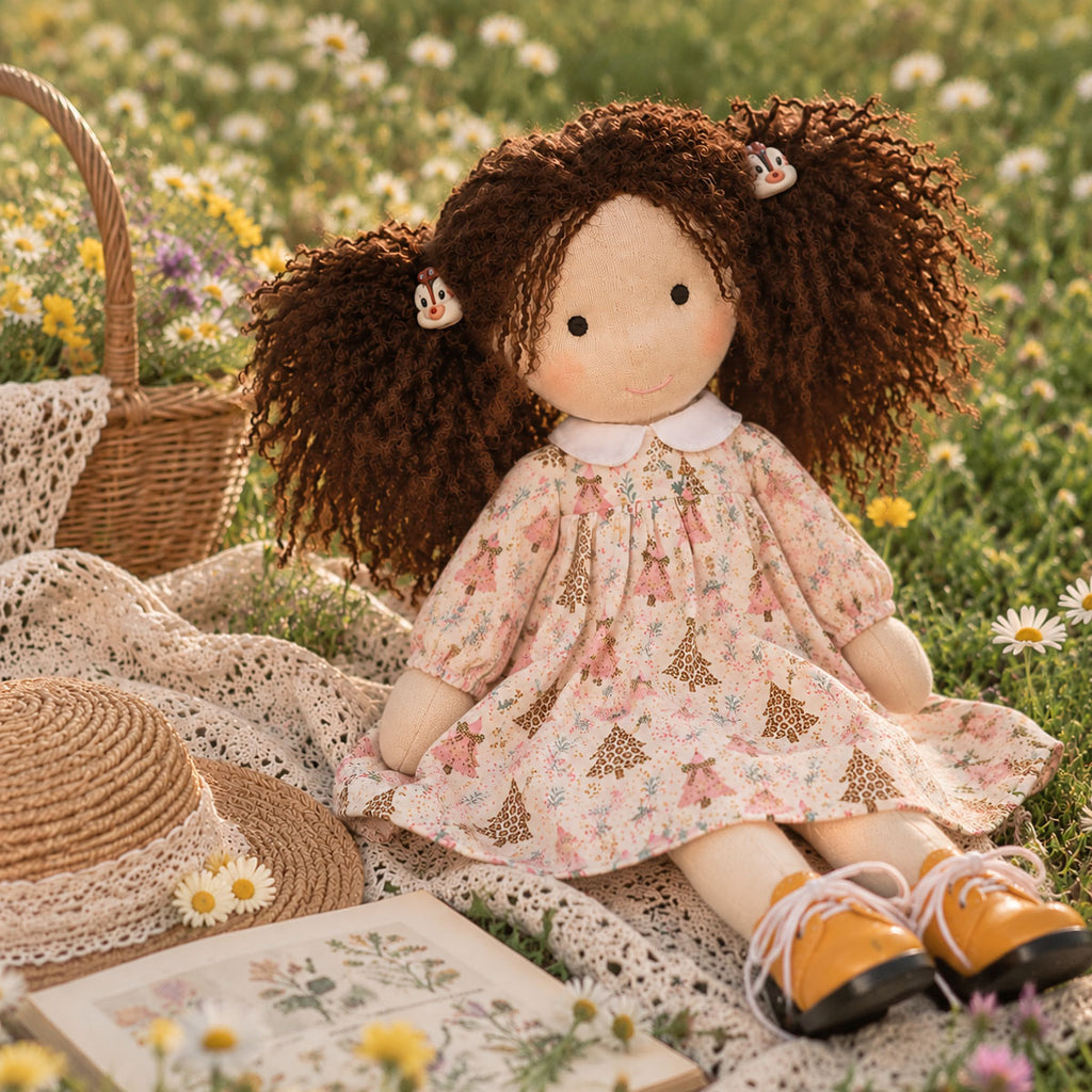 BlissfulPixie 12 Inch Waldorf Doll, Soft Fabric Girl Doll with Curly Brown Hair, Christmas Tree Print Dress and Lace-Up Shoes, Holiday Gift for Kids