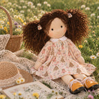 BlissfulPixie 12 Inch Waldorf Doll, Soft Fabric Girl Doll with Curly Brown Hair, Christmas Tree Print Dress and Lace-Up Shoes, Holiday Gift for Kids