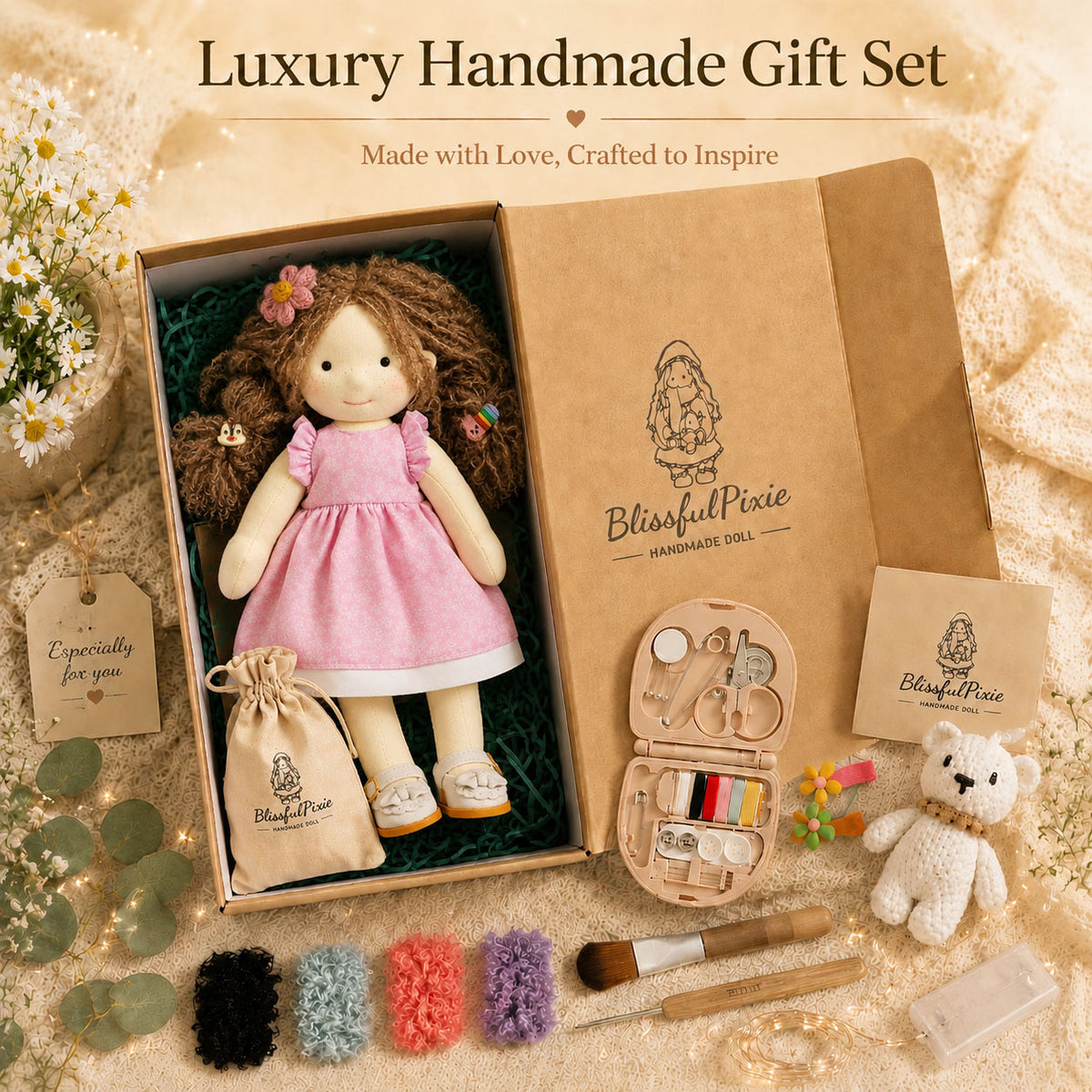 BlissfulPixie 12" Waldorf Doll Amy, Handmade Soft Rag Doll for Girls with DIY Hair Styling Kit, 4 Color Hair Set, Teddy Bear, Makeup Tools & Gift Box Set, Creative Birthday Christmas Gift-BlissfulPixie