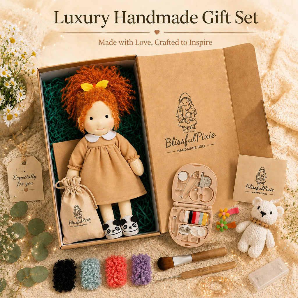 [Halloween Limited Edition ]BlissfulPixie 12" Waldorf Doll Ada, Handmade Soft Rag Doll for Girls with DIY Hair Styling Kit, 4 Color Hair Set, Teddy Bear, Makeup Tools & Gift Box Set, Creative Birthday Christmas Gift-BlissfulPixie