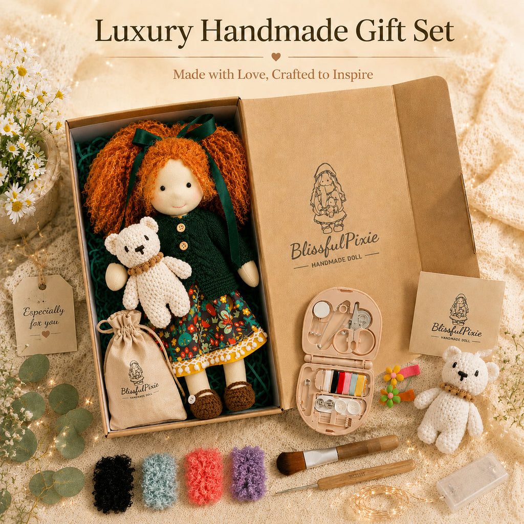 BlissfulPixie 12" Waldorf Doll Hanne, Handmade Soft Rag Doll for Girls with DIY Hair Styling Kit, 4 Color Hair Set, Teddy Bear, Makeup Tools & Gift Box Set, Creative Birthday Christmas Gift-BlissfulPixie