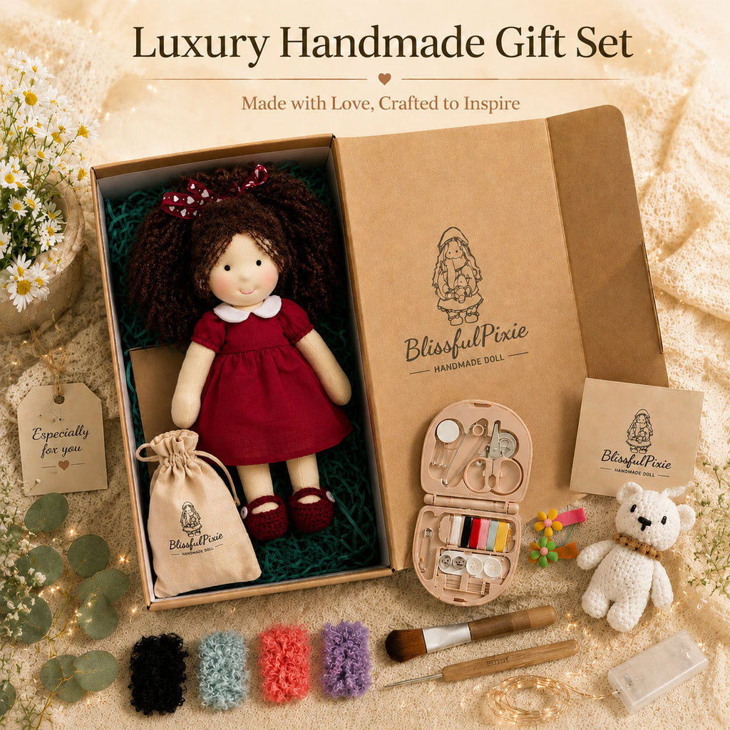 BlissfulPixie 12" Waldorf Doll Eleanor, Handmade Soft Rag Doll for Girls with DIY Hair Styling Kit, 4 Color Hair Set, Teddy Bear, Makeup Tools & Gift Box Set, Creative Birthday Christmas Gift-BlissfulPixie