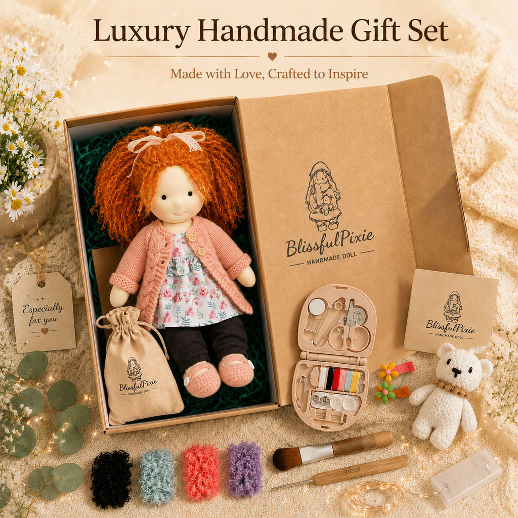 BlissfulPixie 12" Waldorf Doll Elsee, Handmade Soft Rag Doll for Girls with DIY Hair Styling Kit, 4 Color Hair Set, Teddy Bear, Makeup Tools & Gift Box Set, Creative Birthday Christmas Gift-BlissfulPixie
