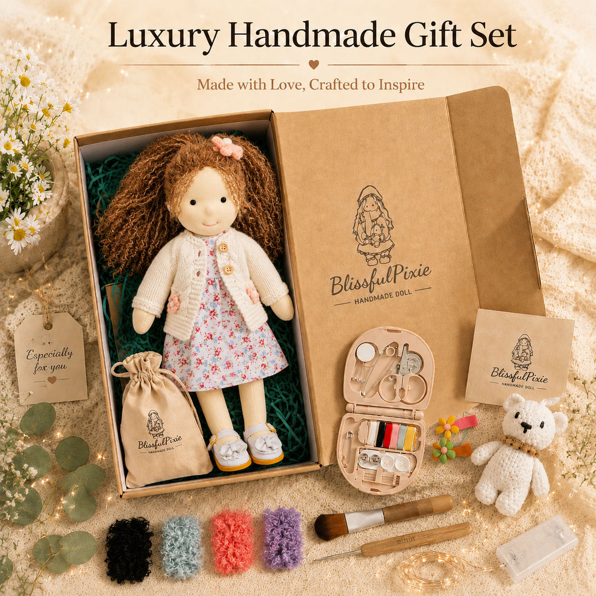 BlissfulPixie 12" Waldorf Doll Amber, Handmade Soft Rag Doll for Girls with DIY Hair Styling Kit, 4 Color Hair Set, Teddy Bear, Makeup Tools & Gift Box Set, Creative Birthday Christmas Gift-BlissfulPixie