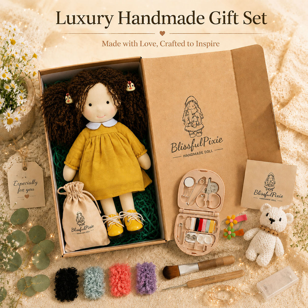 [Halloween Limited Edition ]BlissfulPixie 12" Waldorf Doll Inka , Handmade Soft Rag Doll for Girls with DIY Hair Styling Kit, 4 Color Hair Set, Teddy Bear, Makeup Tools & Gift Box Set, Creative Birthday Christmas Gift-BlissfulPixie