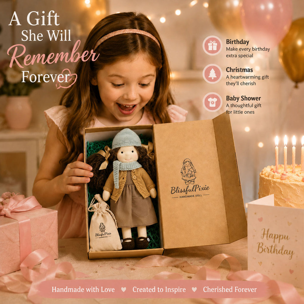 BlissfulPixie 12" Waldorf Doll Zoey, Handmade Soft Rag Doll for Girls with DIY Hair Styling Kit, 4 Color Hair Set, Teddy Bear, Makeup Tools & Gift Box Set, Creative Birthday Christmas Gift-BlissfulPixie