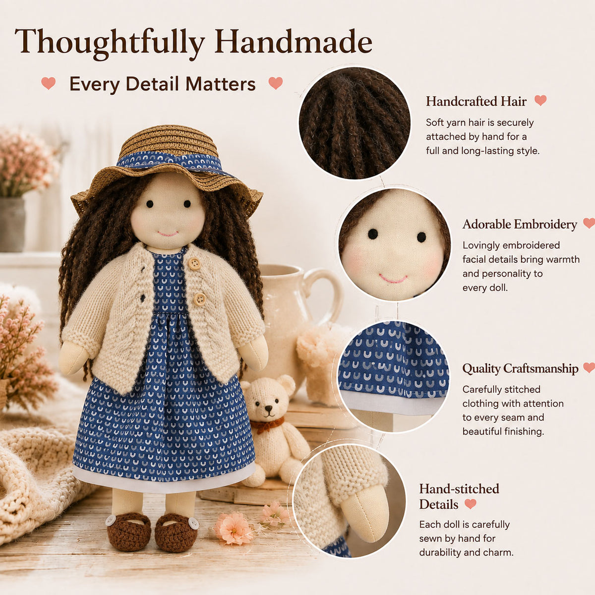 BlissfulPixie 12" Waldorf Doll Basia, Handmade Soft Rag Doll for Girls with DIY Hair Styling Kit, 4 Color Hair Set, Teddy Bear, Makeup Tools & Gift Box Set, Creative Birthday Christmas Gift-BlissfulPixie