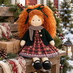 BlissfulPixie 12-Inch Waldorf Doll, Red Plaid Christmas Dress with Dark Green Knit Cardigan, Auburn Curly Hair & Matching Bow, Cute Holiday Gift for Kids
