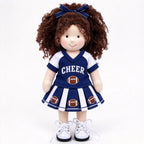 Blissfulpixie 12-Inch Handmade Waldorf Doll – Cheerleader Doll with Curly Brown Hair, Blue & White Football Outfit, Bow Headband & Sneakers