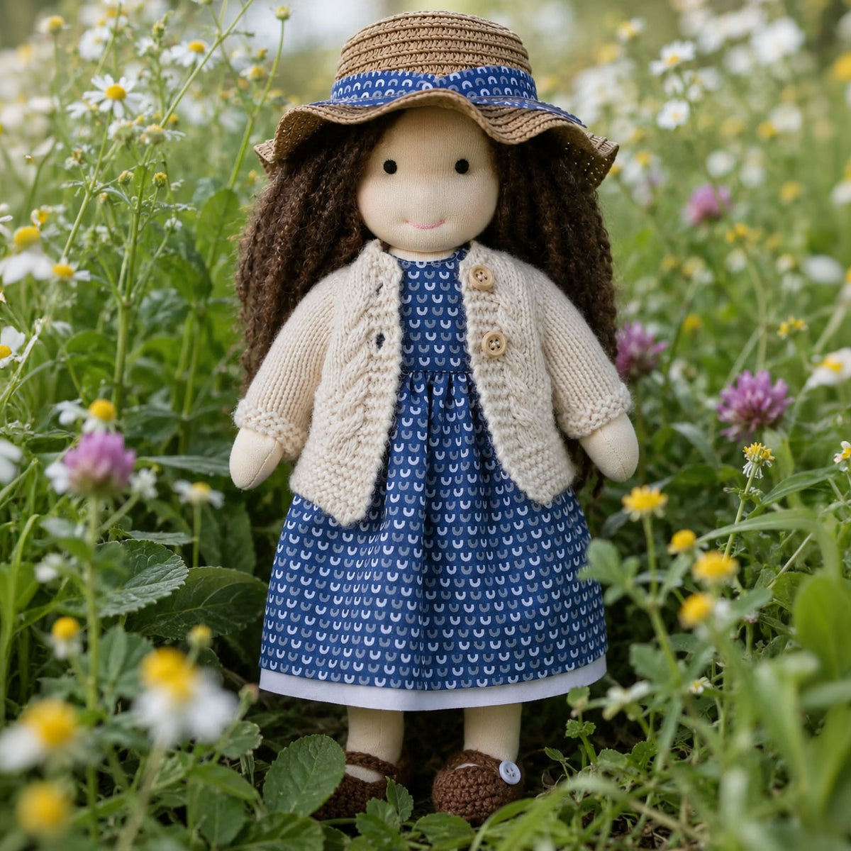 BlissfulPixie 12" Waldorf Doll Basia, Handmade Soft Rag Doll for Girls with DIY Hair Styling Kit, 4 Color Hair Set, Teddy Bear, Makeup Tools & Gift Box Set, Creative Birthday Christmas Gift-BlissfulPixie